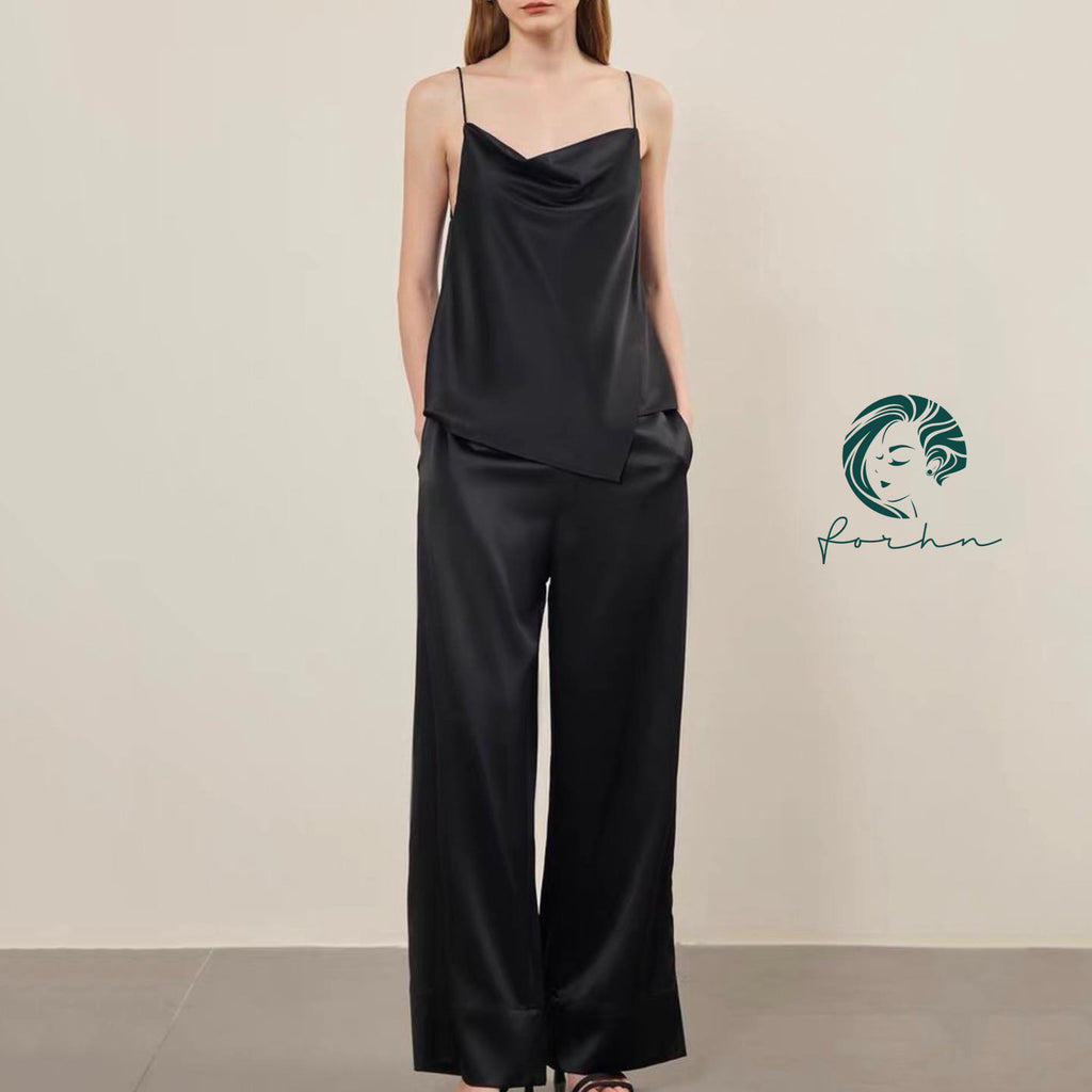Irene Satin Cowl Neck Pajama Set, Women's Vacation Outfit, Silky Cami & Pants, Elegant Loungewear,
