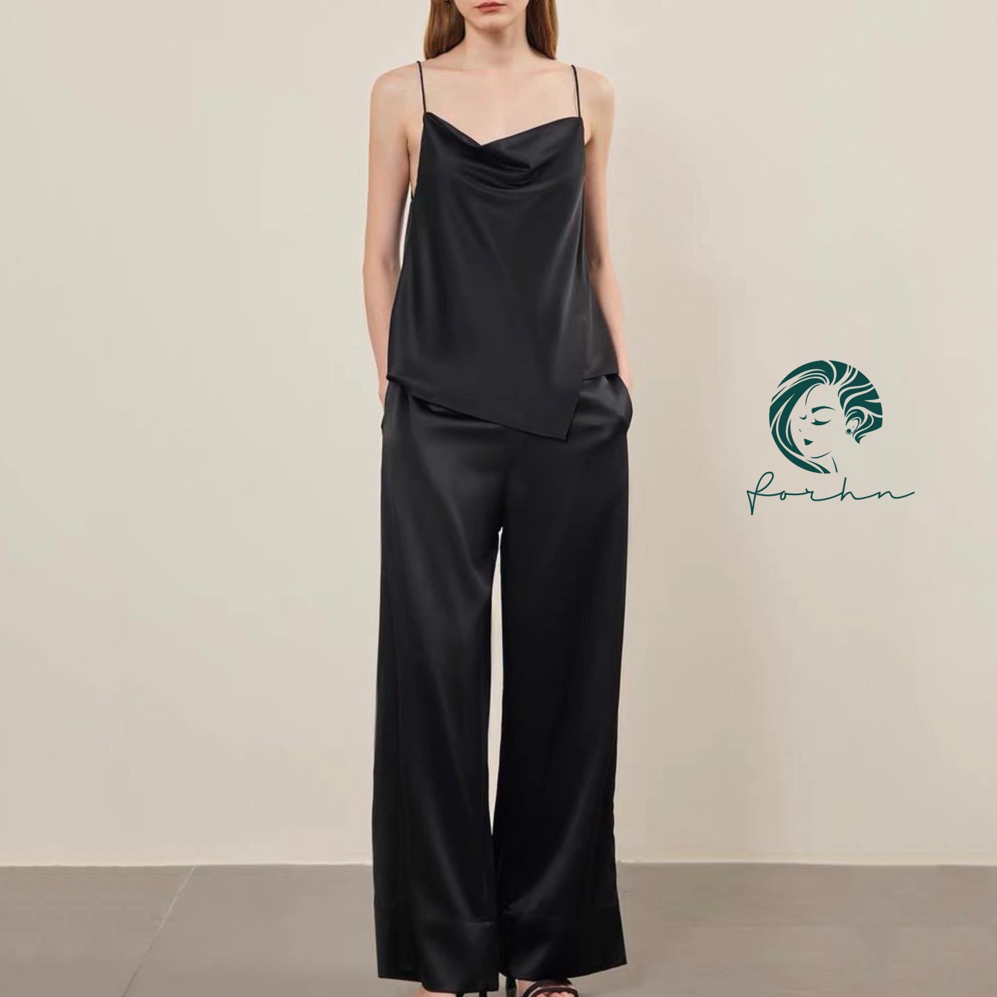 Irene Satin Cowl Neck Pajama Set, Women's Vacation Outfit, Silky Cami & Pants, Elegant Loungewear,