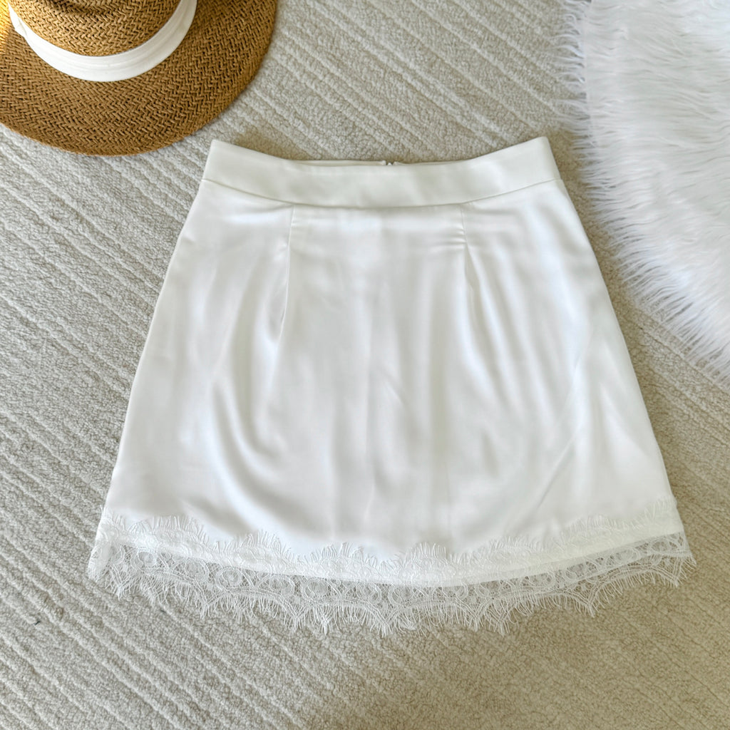 White Satin V-Neck Blouse - Lace Mini Skirt Separates- MiuSet