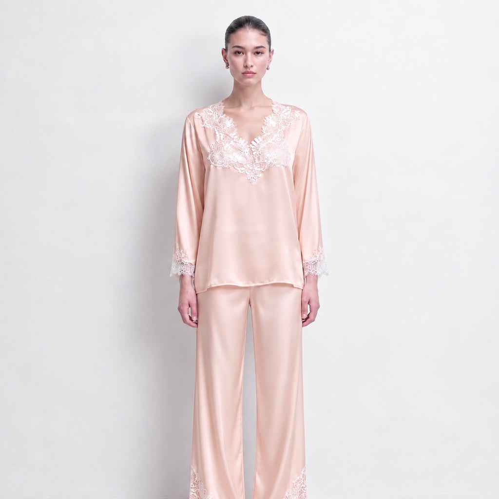 Lace Satin Pajama Set, Long Sleeves Pants Set, Gift for her, Rosalie