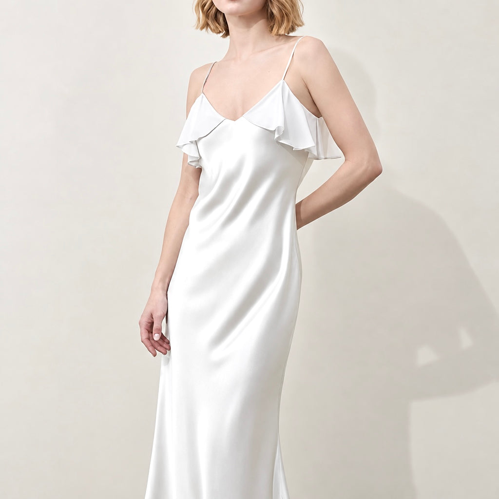 Isla Satin Ruffle Maxi Nightgown – V Neck Silky Dress, Wife Gift