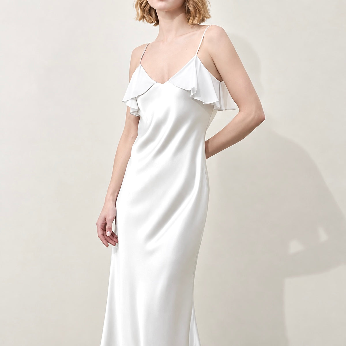 Isla Satin Ruffle Maxi Nightgown – V Neck Silky Dress, Wife Gift