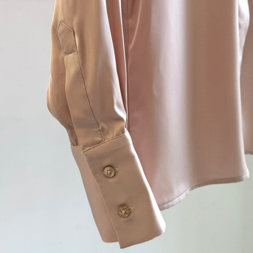 Moss Green, Beige Silky Blouse, Long Sleeve Hidden Button Office Satin Shirt, Siren Shirt