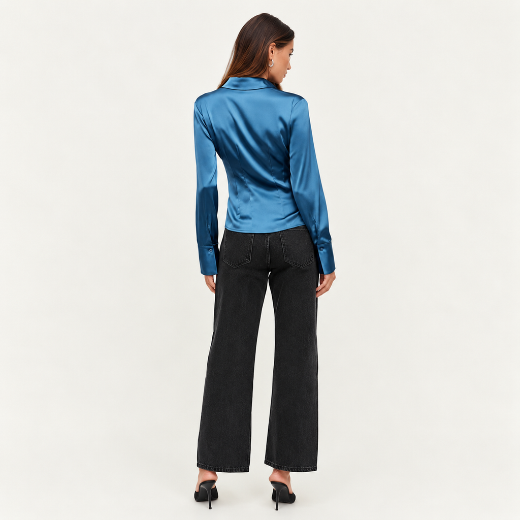 Satin Slim Fit Blouse – Blue Gray, Teal & Lilac, SUNNY Shirt
