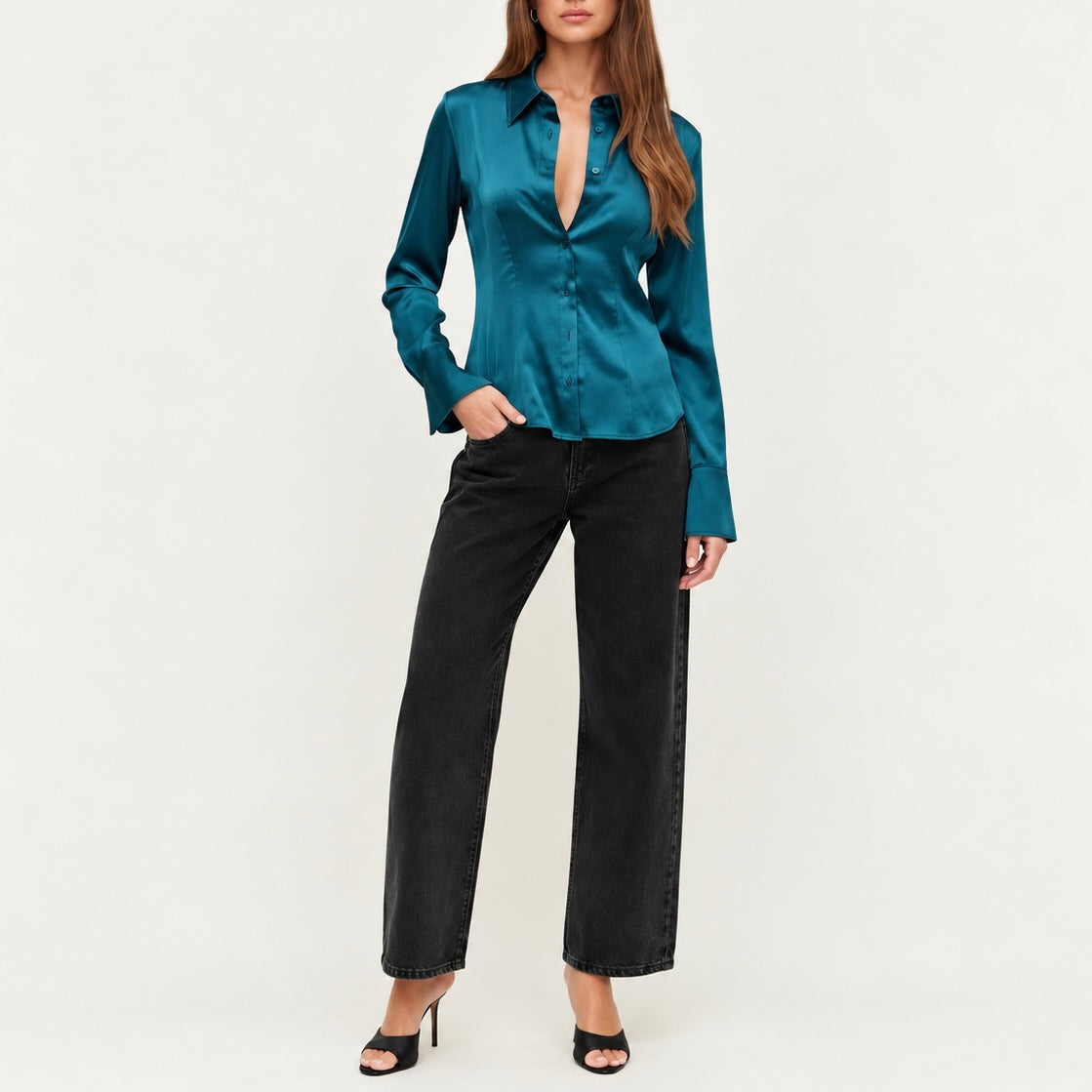 Satin Slim Fit Blouse – Blue Gray, Teal & Lilac, SUNNY Shirt