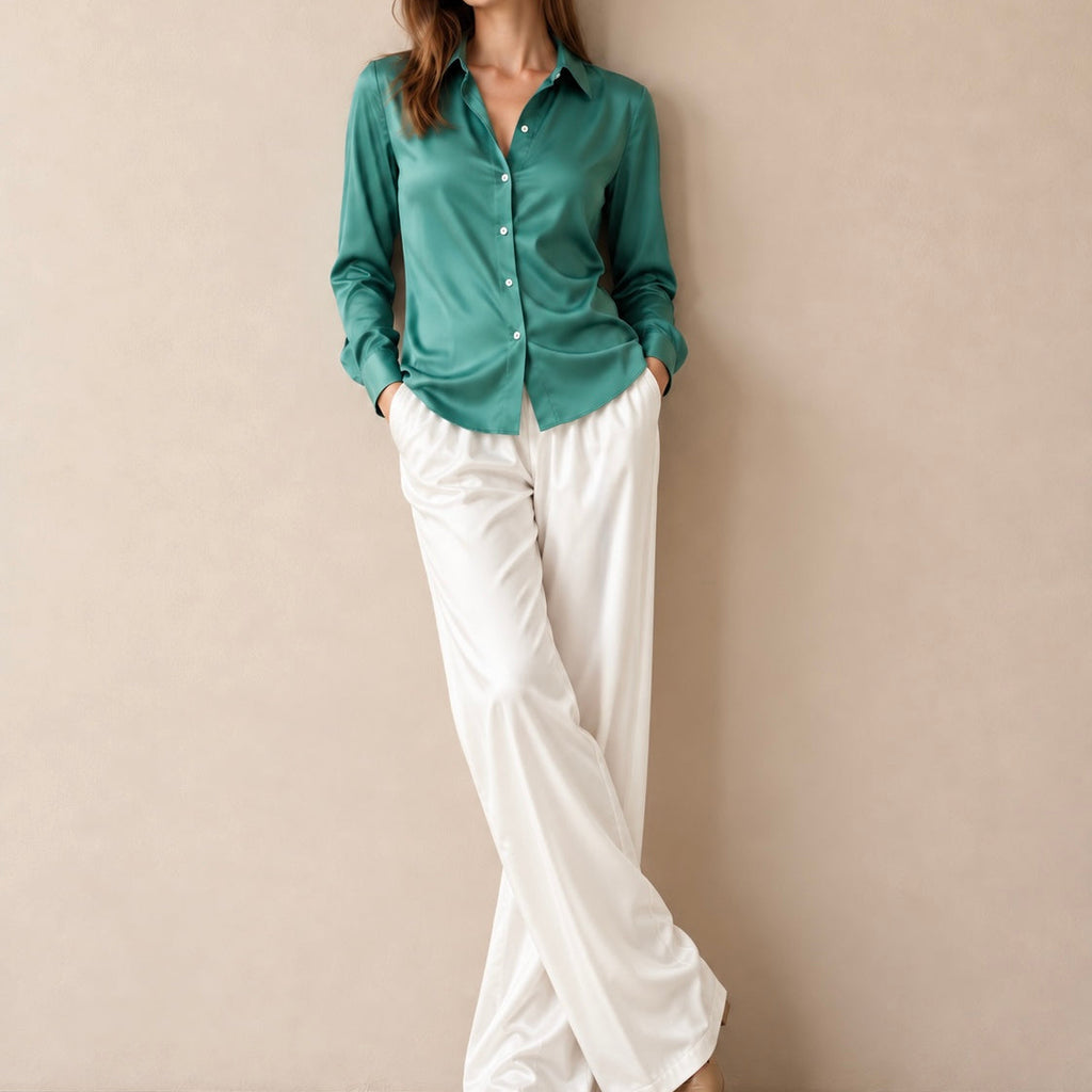 Satin Blouse in Violet, Mint Green, Long Sleeve Shirt, Office Workwear, Kami