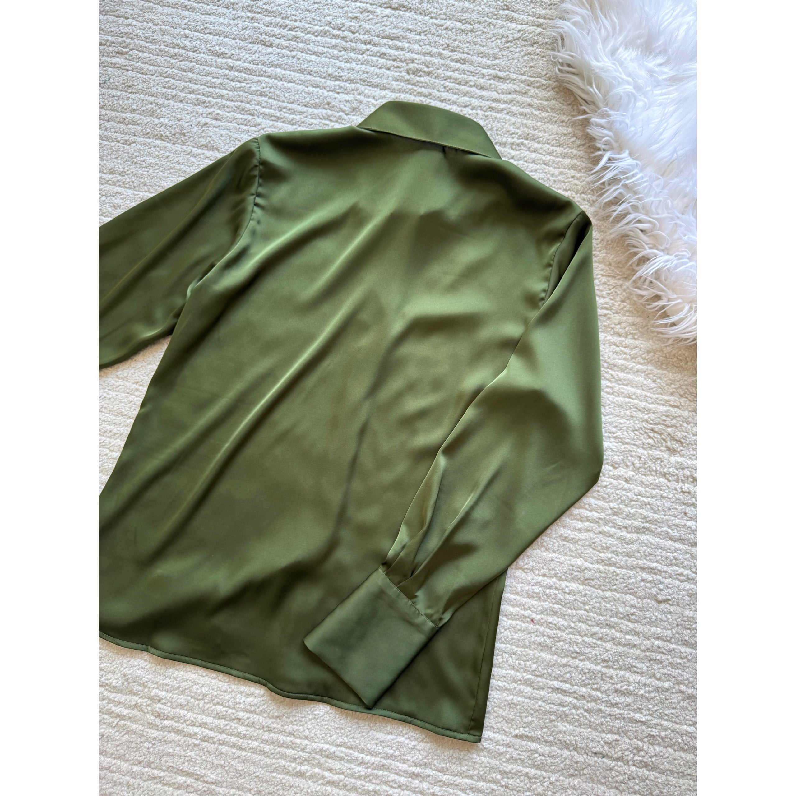 Moss Green, Beige Silky Blouse, Long Sleeve Hidden Button Office Satin Shirt, Siren Shirt