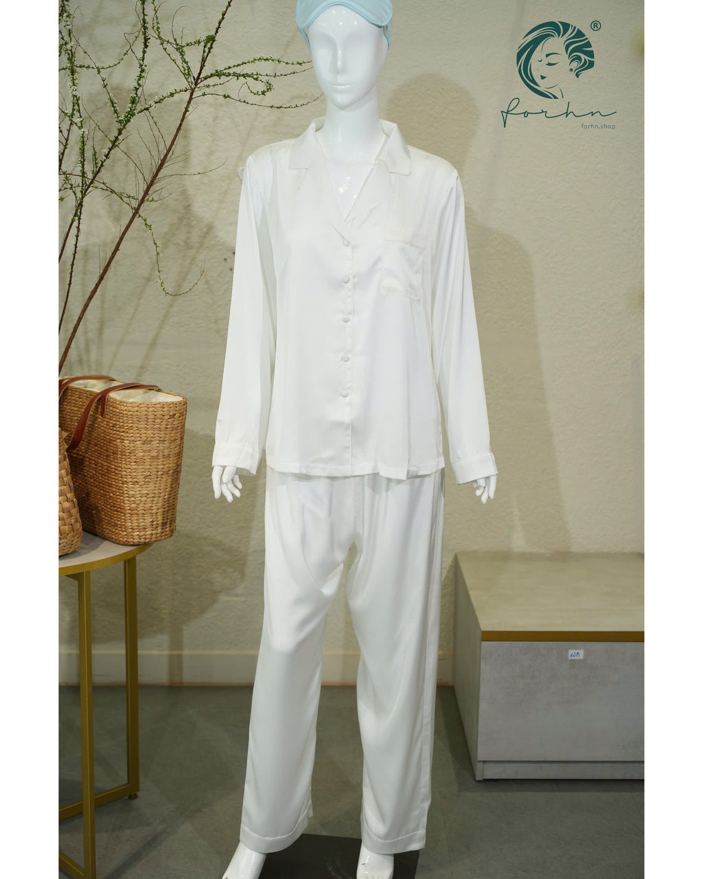 White Satin Pajama Set, Long Sleeve Bridal PJs NUTBOC