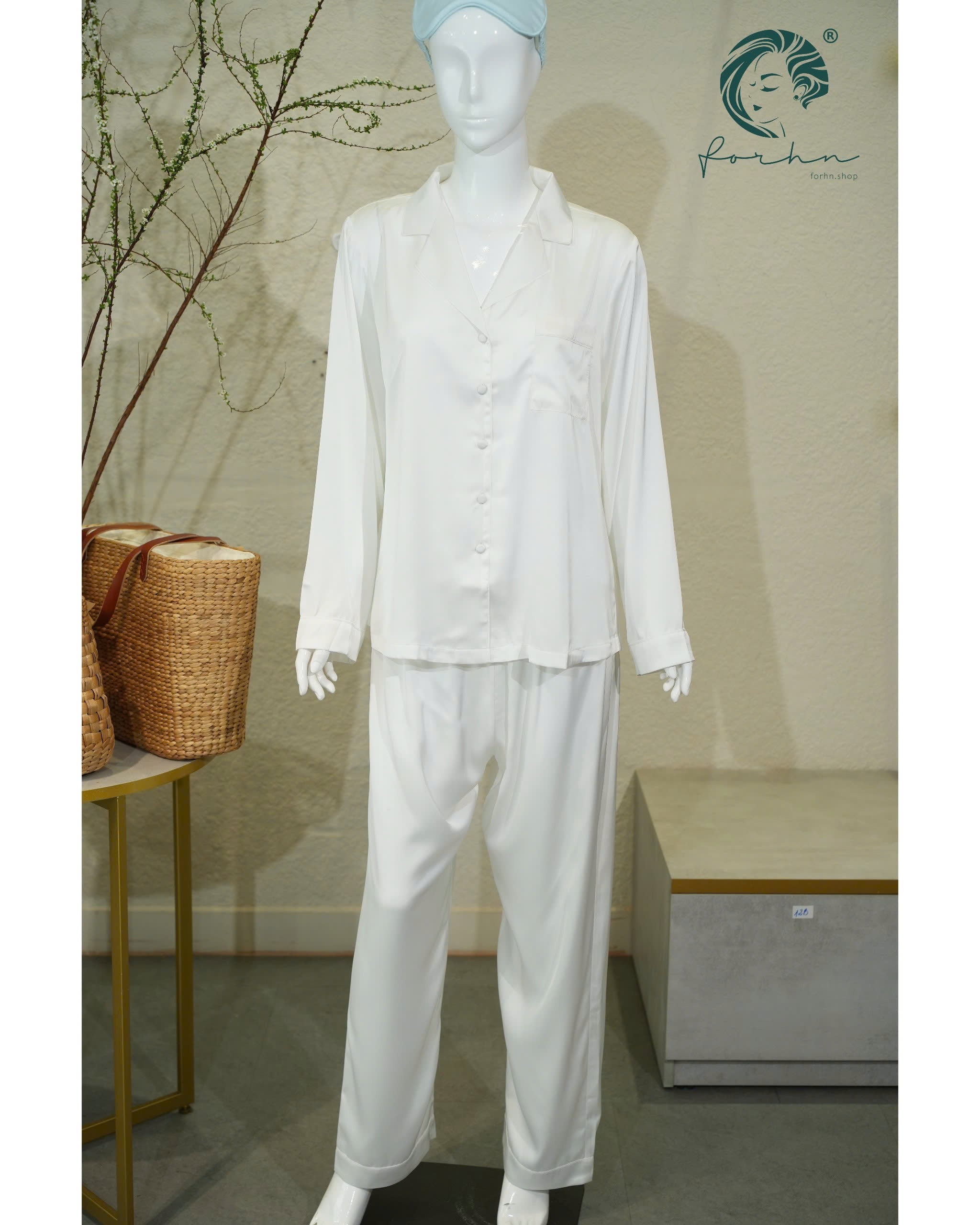 White Satin Pajama Set, Long Sleeve Bridal PJs NUTBOC
