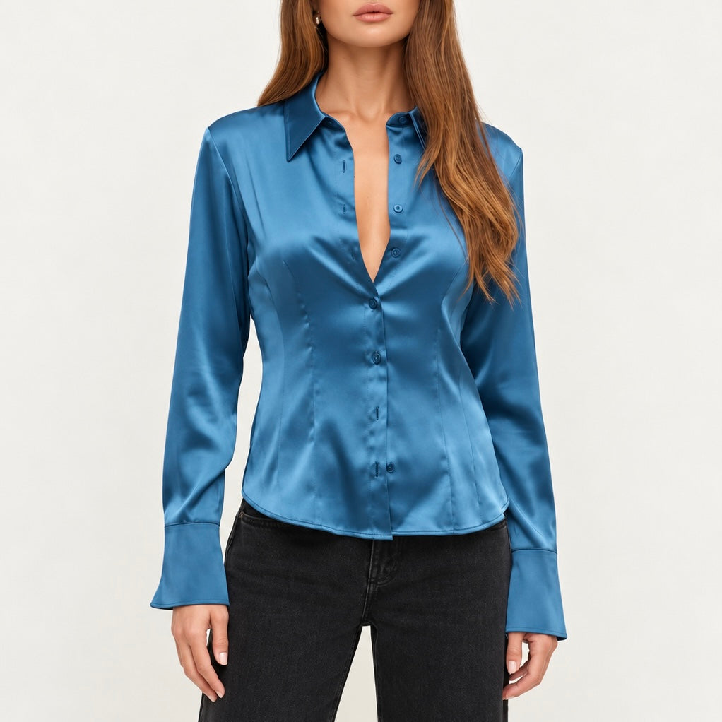 Satin Slim Fit Blouse – Blue Gray, Teal & Lilac, SUNNY Shirt