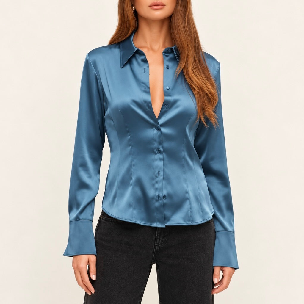 Satin Slim Shirt – Elegant Long Sleeve Blouse, SUNNY
