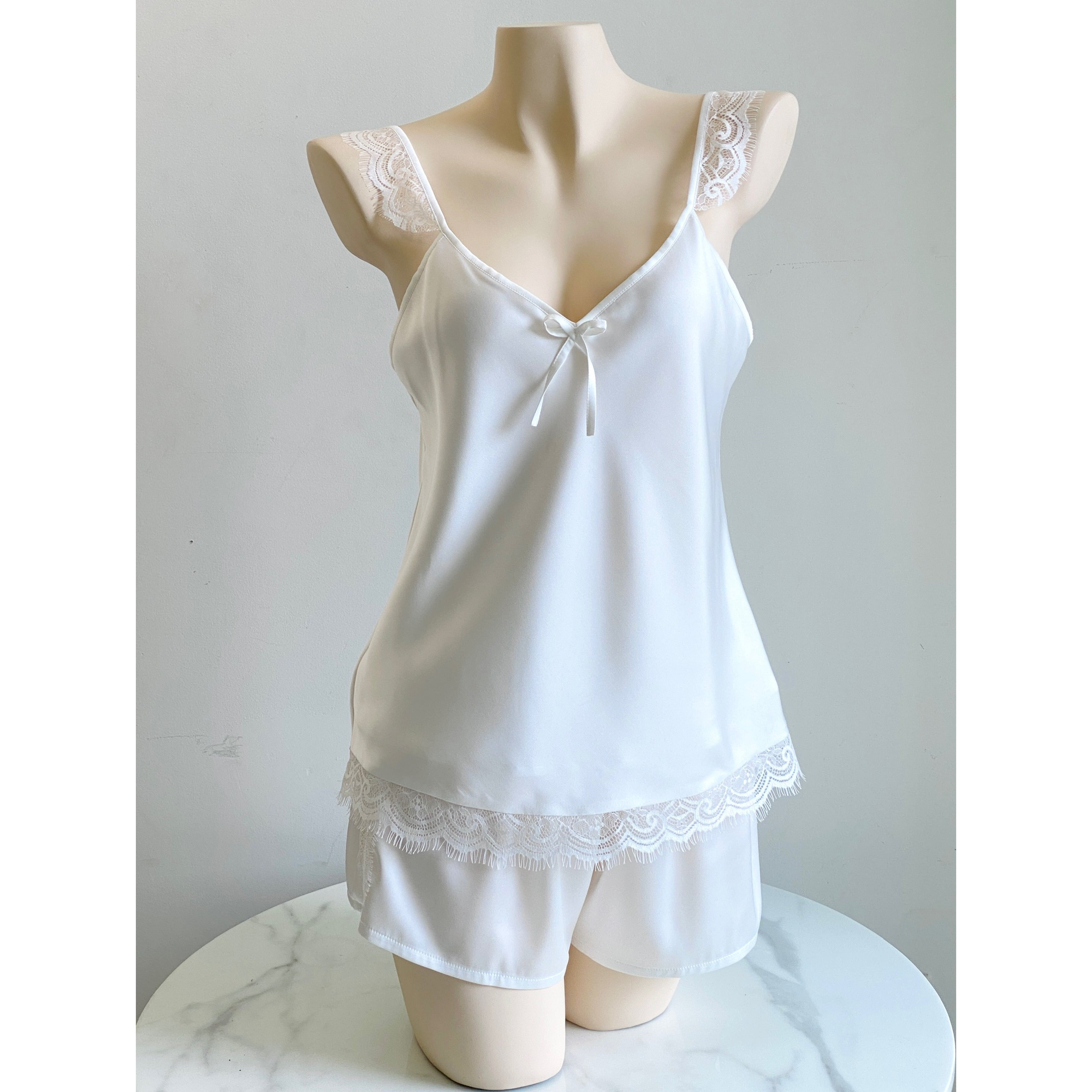 White Lace Satin Pajama Set, Bride Cami & Shorts, Bridal Shower Gift, EIRA Set