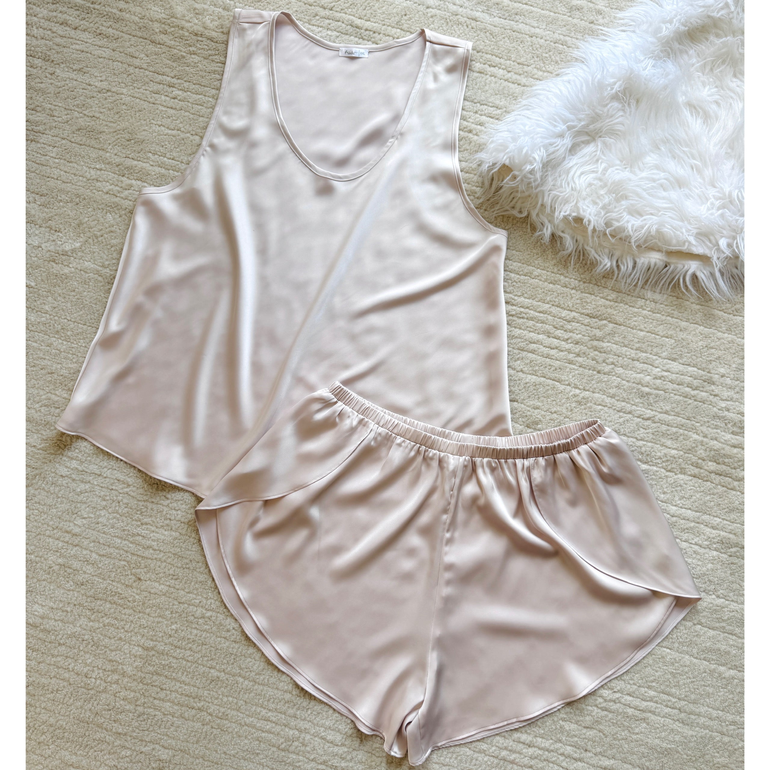 Neutral Pink Satin Pajama Set  – Sleeveless Scoop Neck Top & Shorts EMI