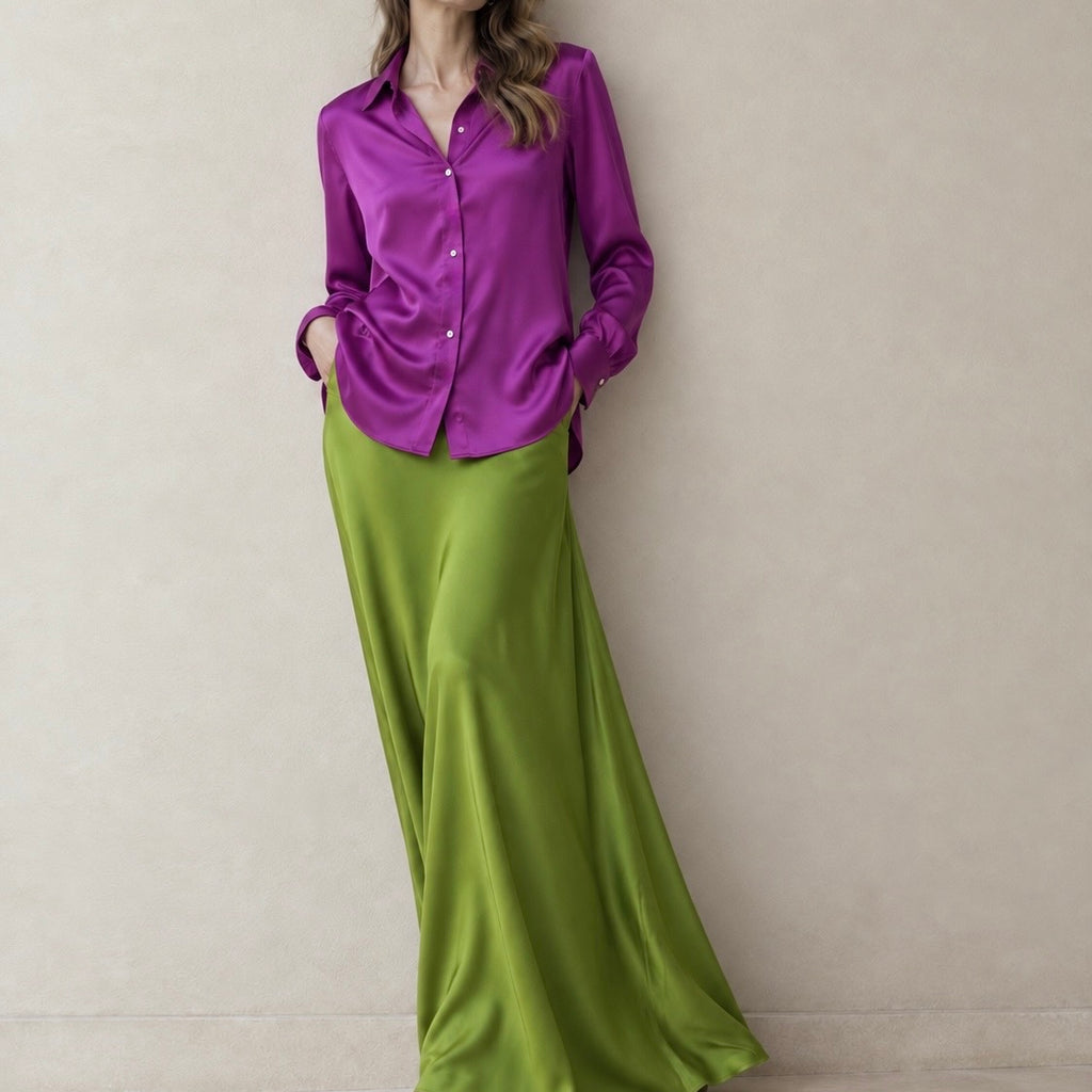 Satin Blouse in Violet, Mint Green, Long Sleeve Shirt, Office Workwear, Kami