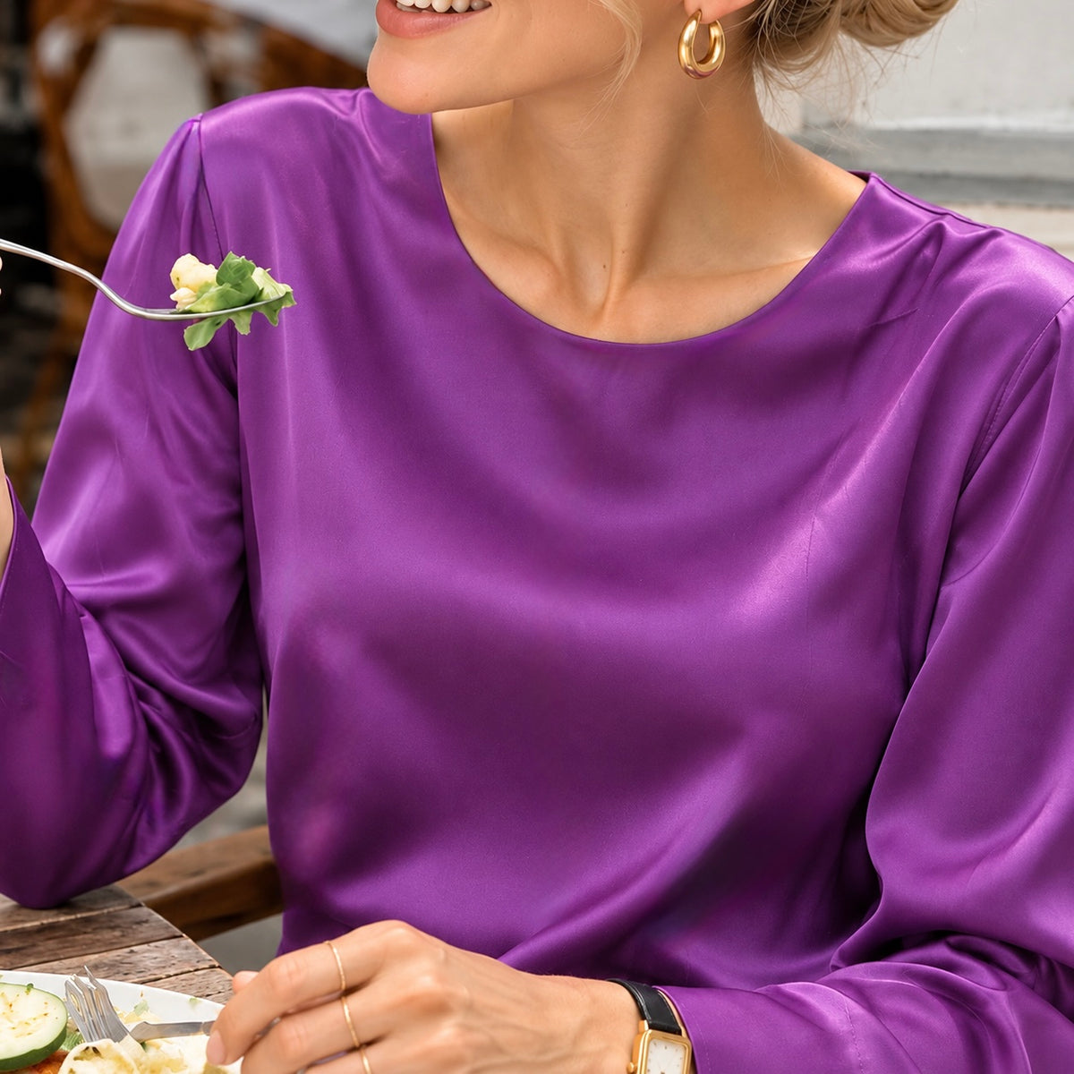 Round-Neck Top, Satin Blouse, Office Outfit, Candice