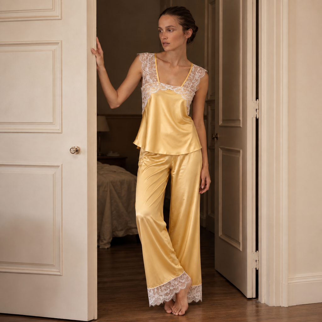 Lace Satin Pajama Set, Square Neck Camisole with Wide Leg Pants Sleepwear, Kristal