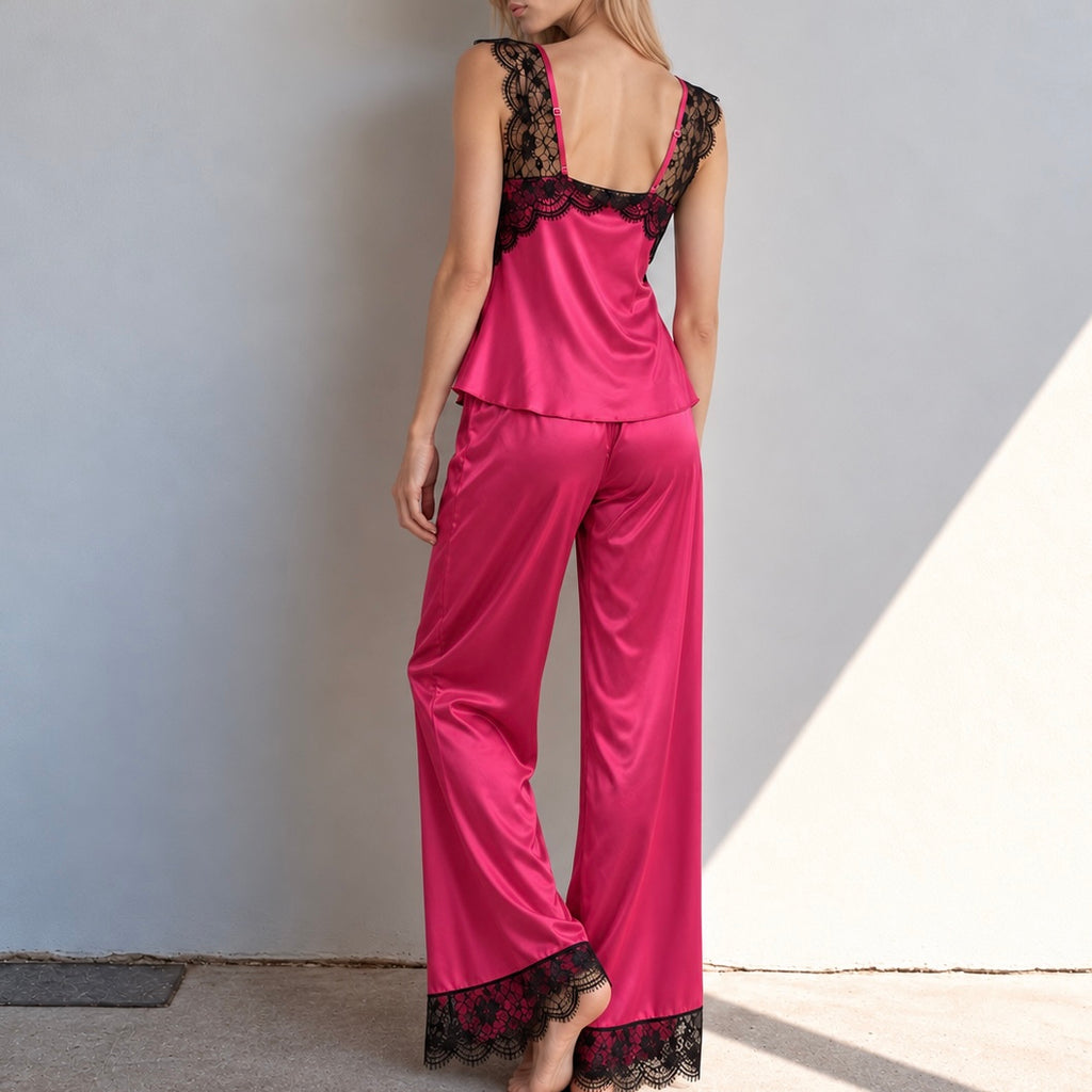 Lace Satin Pajama Set, Square Neck Camisole with Wide Leg Pants Sleepwear, Kristal