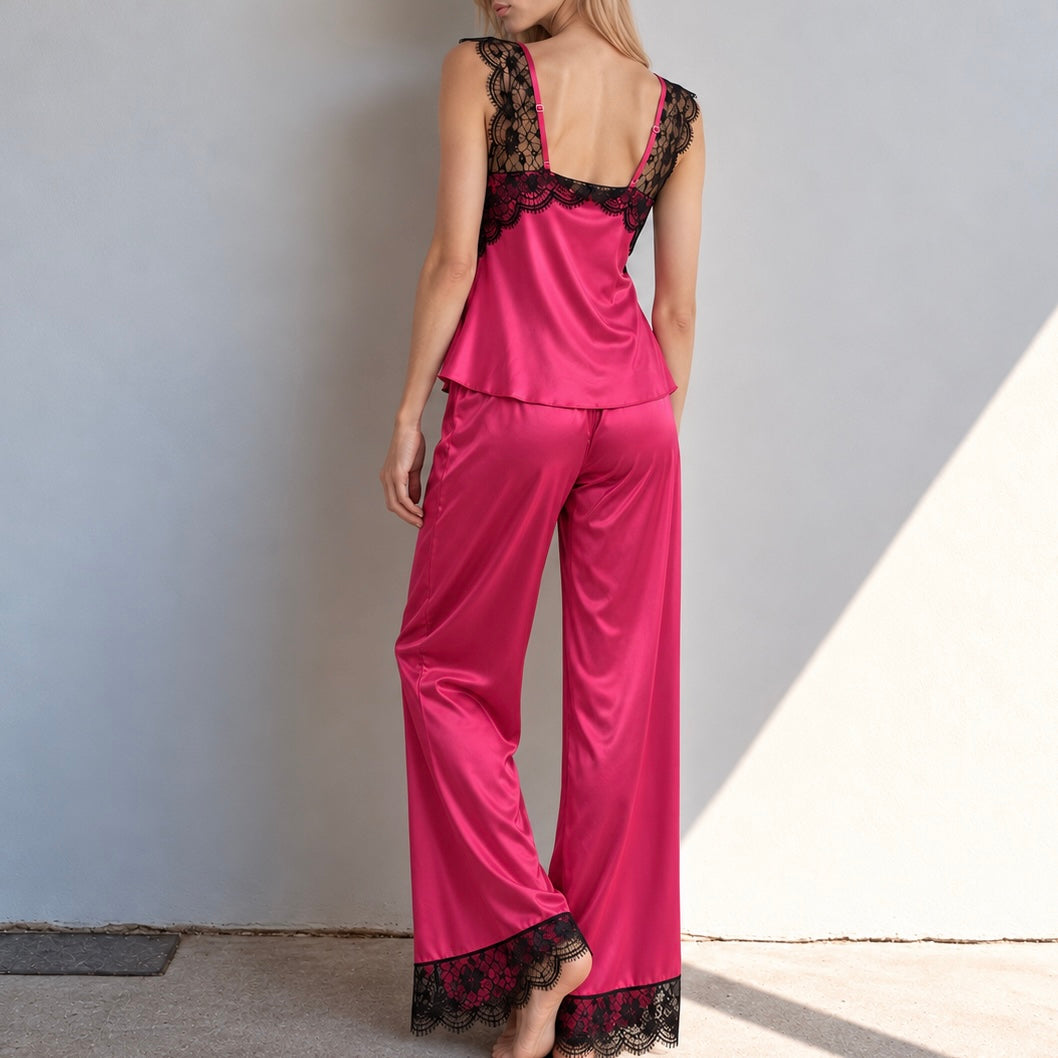 Lace Satin Pajama Set, Square Neck Camisole with Wide Leg Pants Sleepwear, Kristal