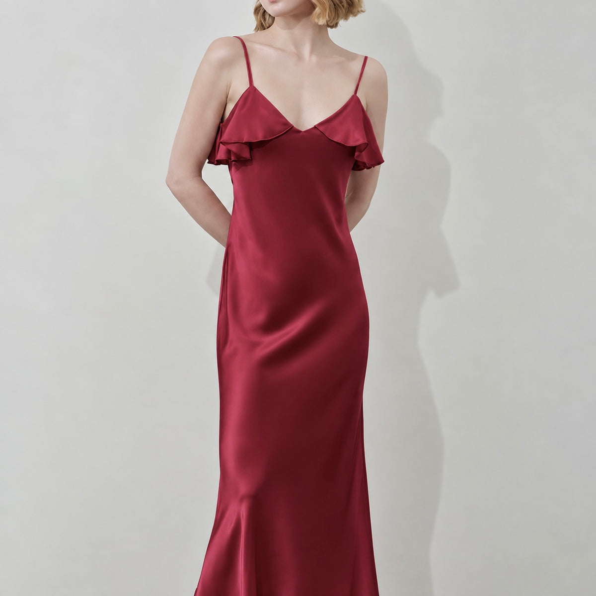 Isla Satin Ruffle Maxi Nightgown – V Neck Silky Dress, Wife Gift