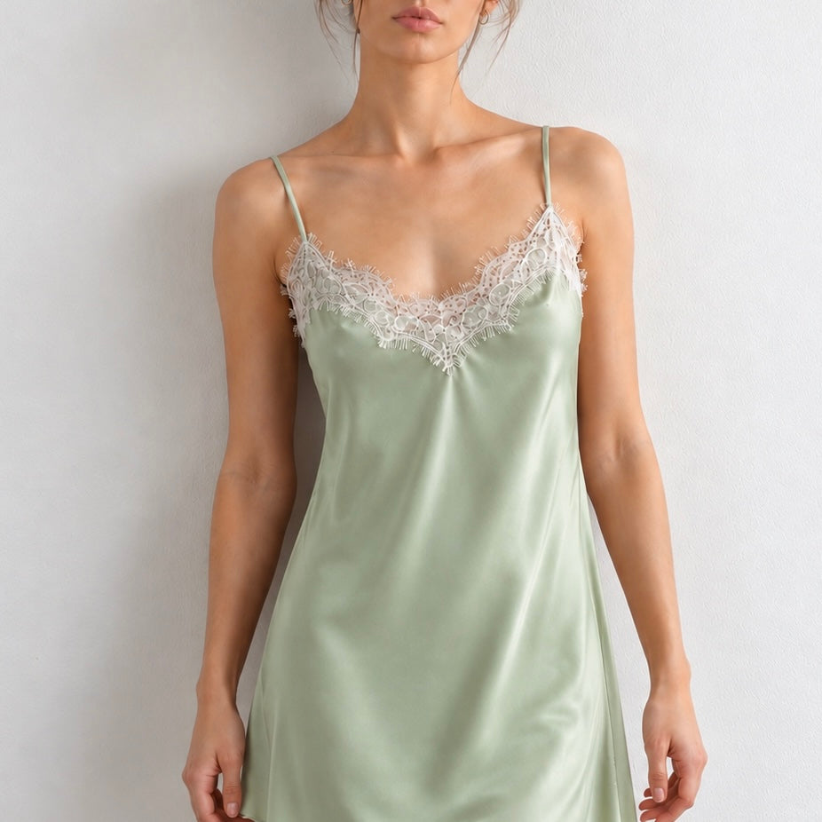 Adele Backless Satin Lace Slip Dress, Open Back Nightgown, Romantic Sleepwear