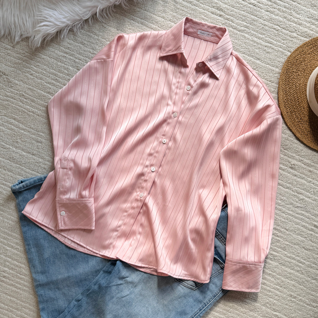 Pink & Gold Sparkle Stripe Satin Blouse – Satin Skirt, Chloe Set