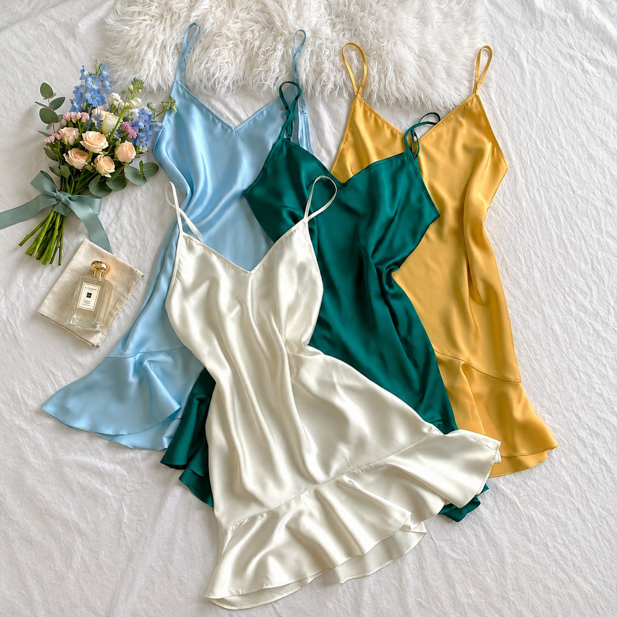 Apricot Silky Fishtail Mini Slip Dress, V-Neck Satin Cami Nightgown, Orange Satin Dress, Ami