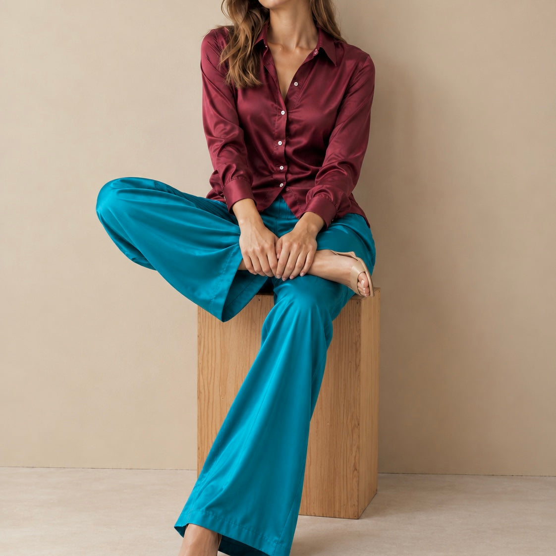 Satin Blouse in Violet, Mint Green, Long Sleeve Shirt, Office Workwear, Kami