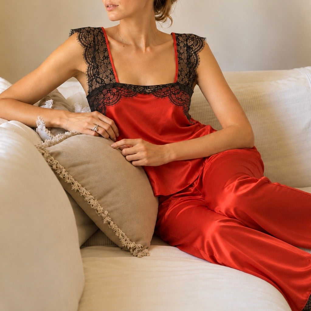Lace Satin Pajama Set, Square Neck Camisole with Wide Leg Pants Sleepwear, Kristal