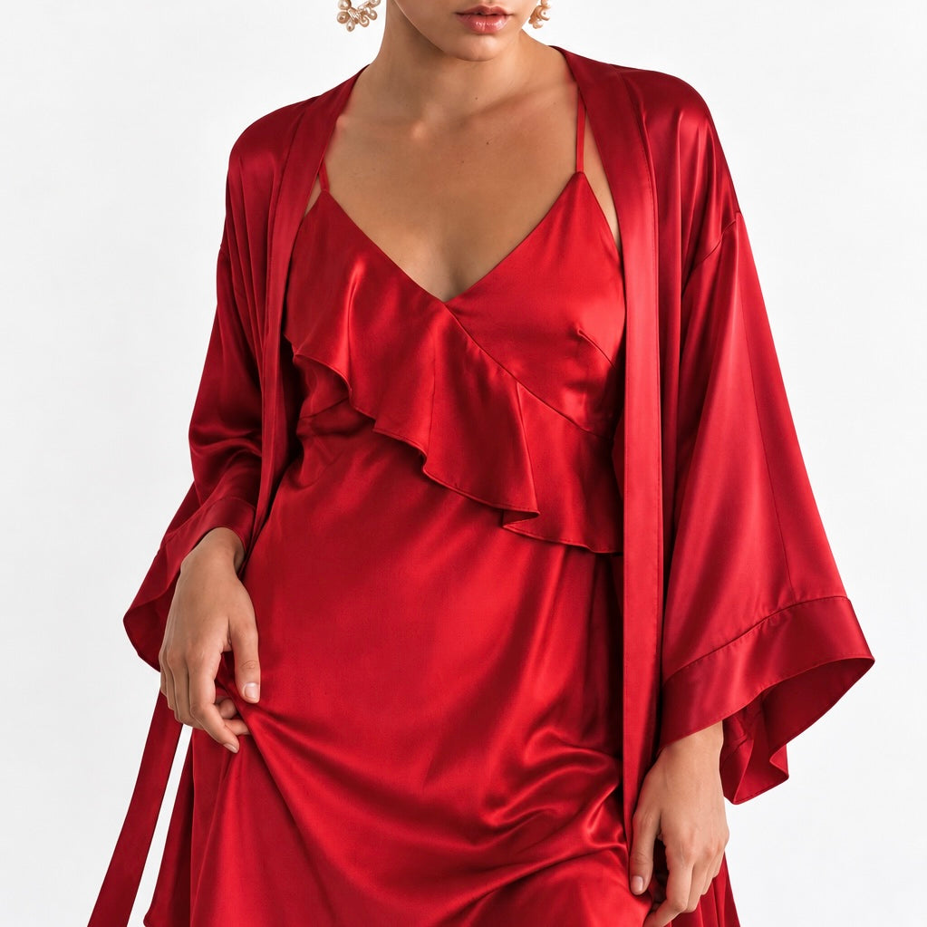 Satin Ruffle Slip Dress & Robe Set, Romantic Nightdress, MEGAN