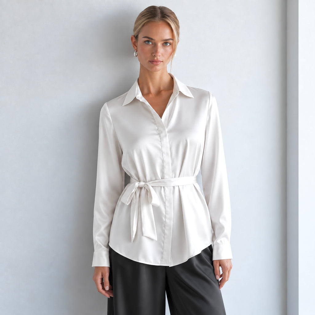 Satin Blouse with Tie Bow, Long Sleeve Office Shirt, Vicky