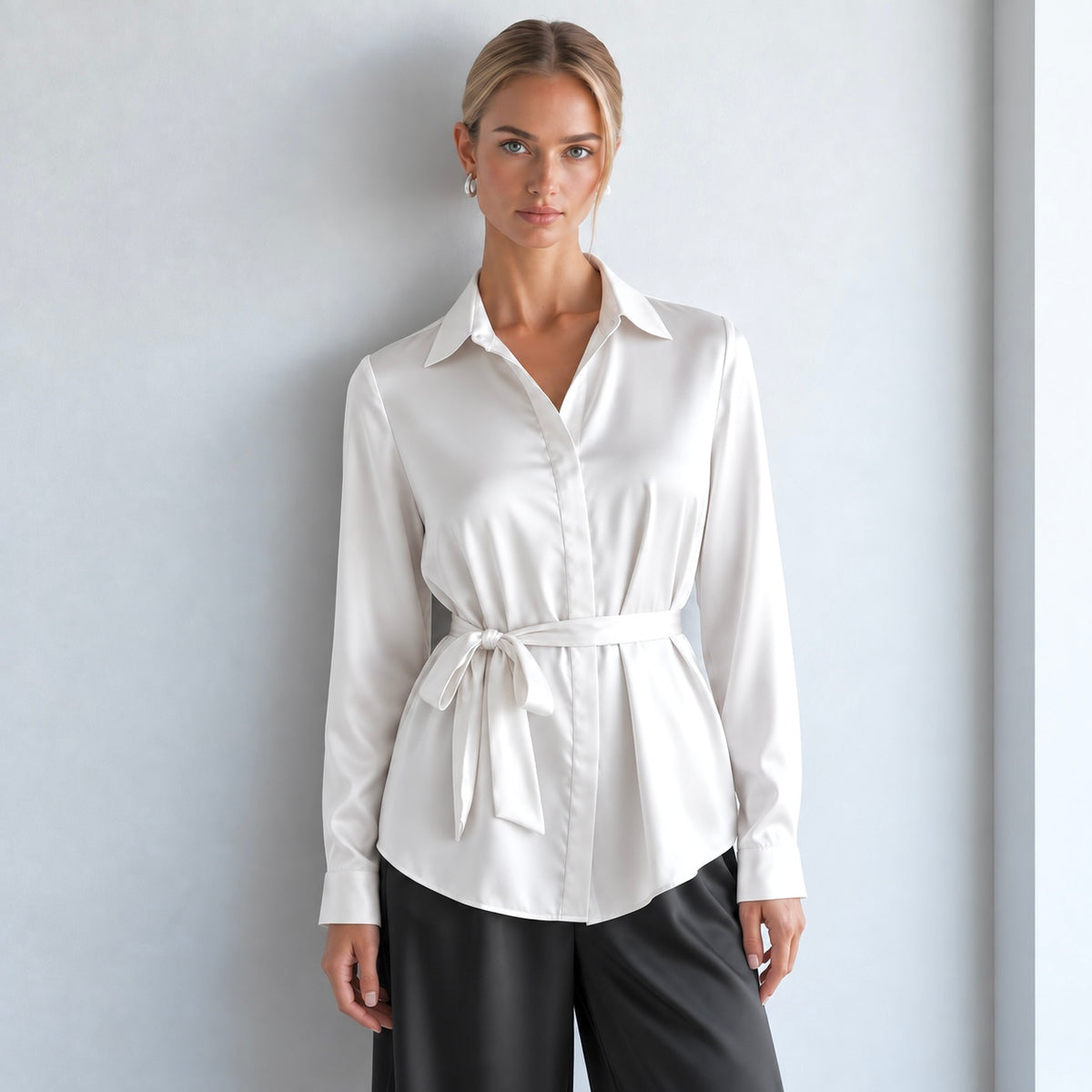 Satin Blouse with Tie Bow, Long Sleeve Office Shirt, Vicky