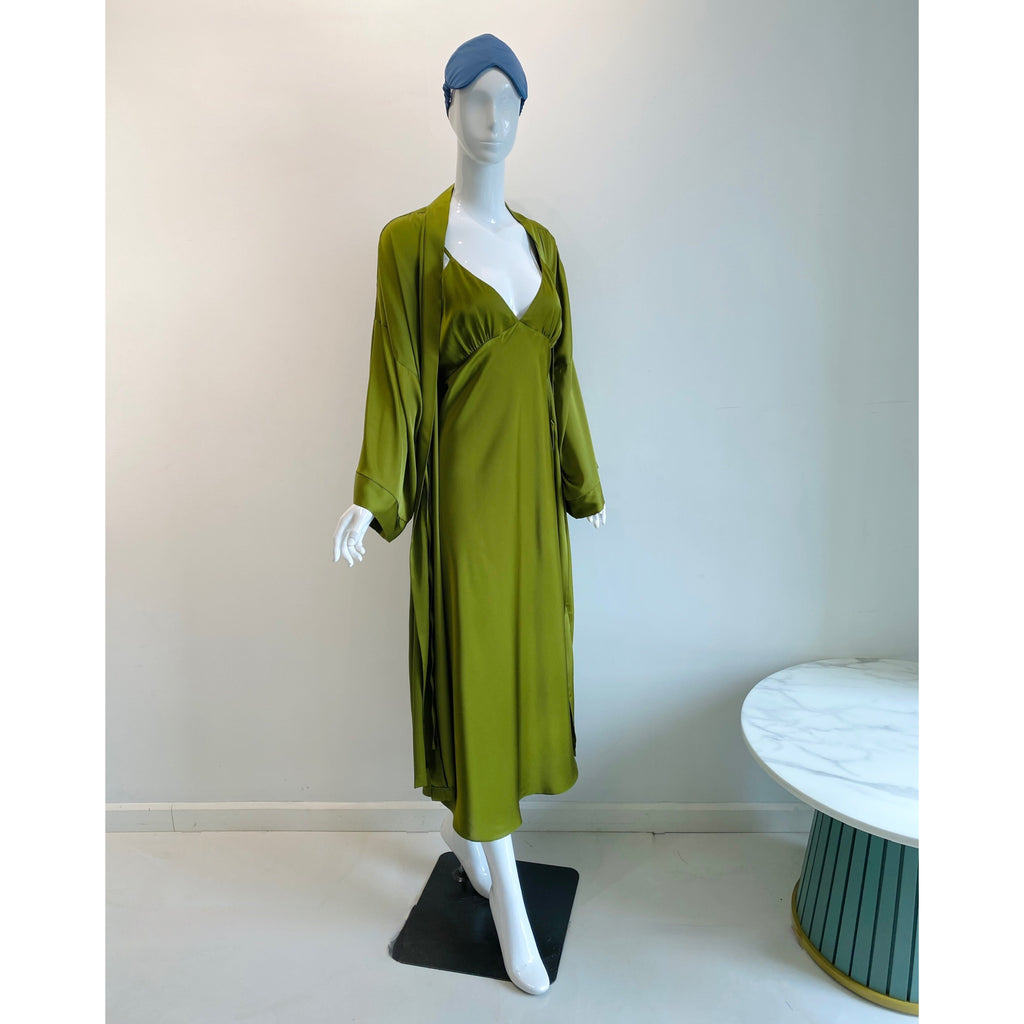Grass Green Satin Robe| Long Silky Slip Dress Women's Kimono | Gift For Bride & Bridesmaid