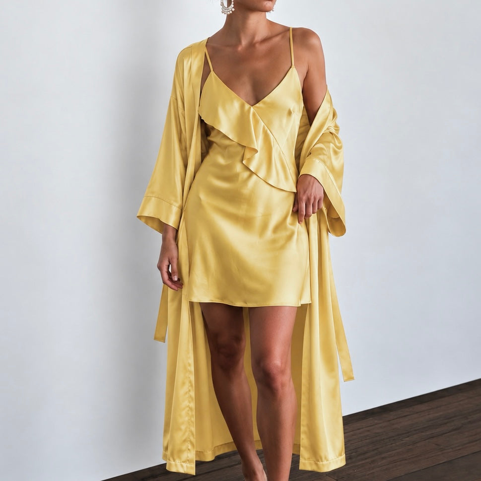 Satin Ruffle Slip Dress & Robe Set, Romantic Nightdress, MEGAN
