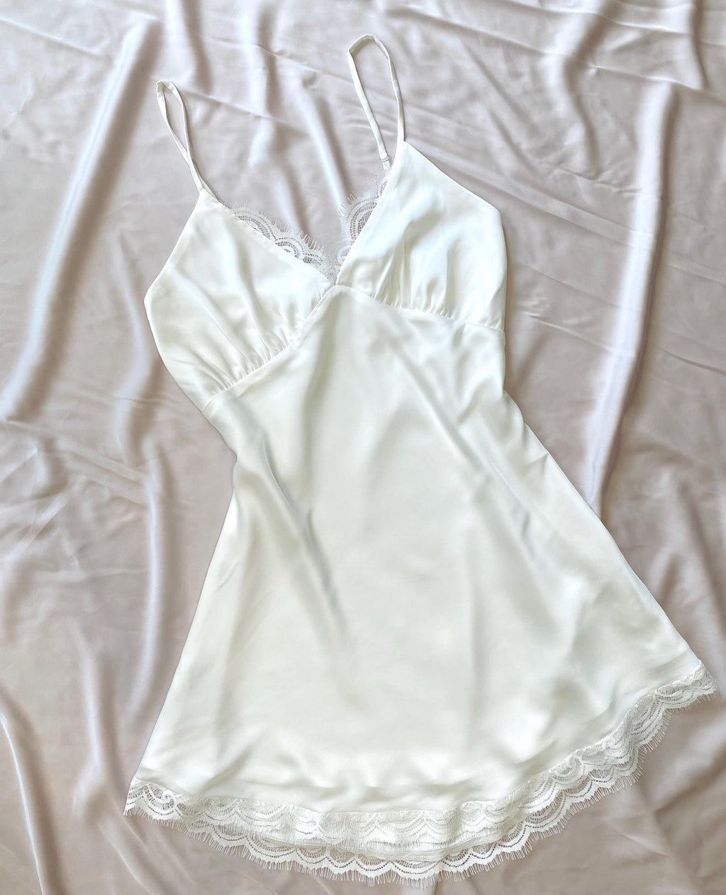 White Satin Lace Slip Dress, Fully Lined – Romantic Cami Nightgown - Elegant Sleepwear KEVI