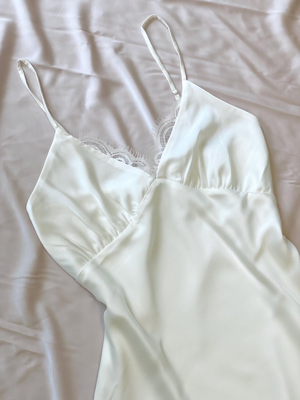 White Satin Lace Slip Dress, Fully Lined – Romantic Cami Nightgown - Elegant Sleepwear KEVI