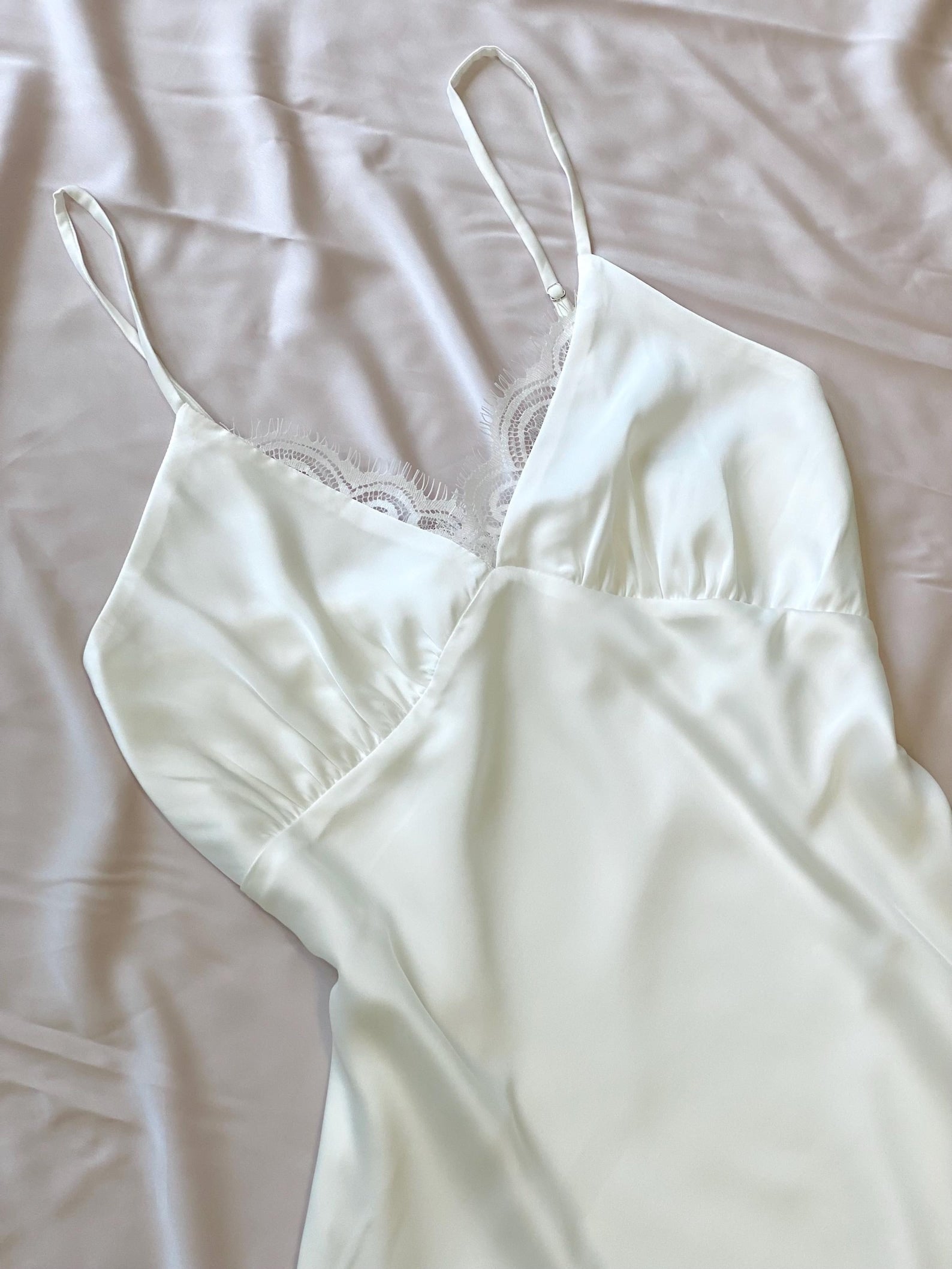 White Satin Lace Slip Dress, Fully Lined – Romantic Cami Nightgown - Elegant Sleepwear KEVI