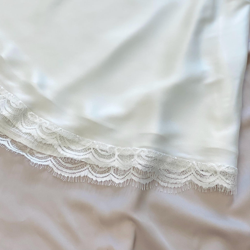White Satin Lace Slip Dress, Fully Lined – Romantic Cami Nightgown - Elegant Sleepwear KEVI