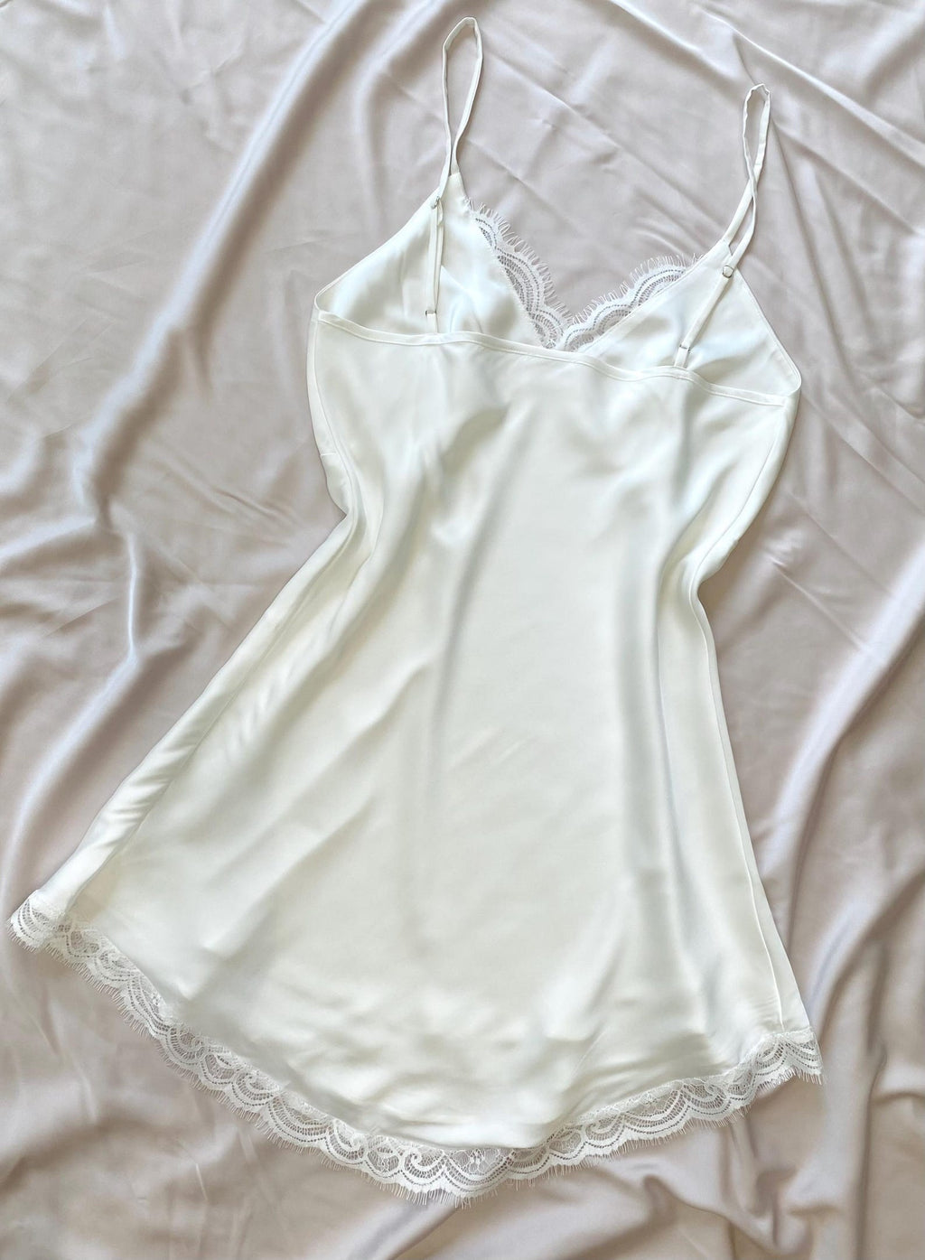 White Satin Lace Slip Dress, Fully Lined – Romantic Cami Nightgown - Elegant Sleepwear KEVI