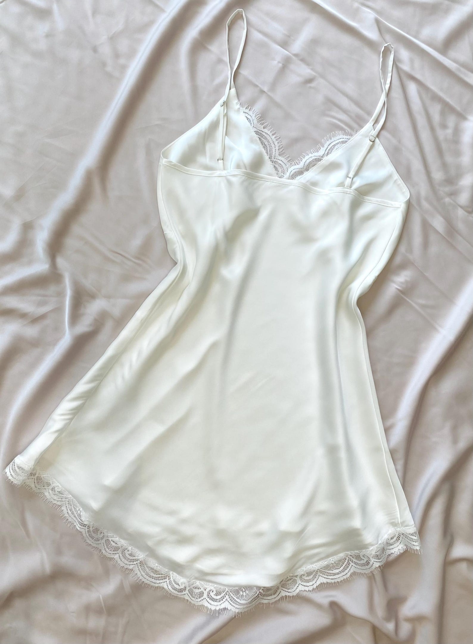 White Satin Lace Slip Dress, Fully Lined – Romantic Cami Nightgown - Elegant Sleepwear KEVI