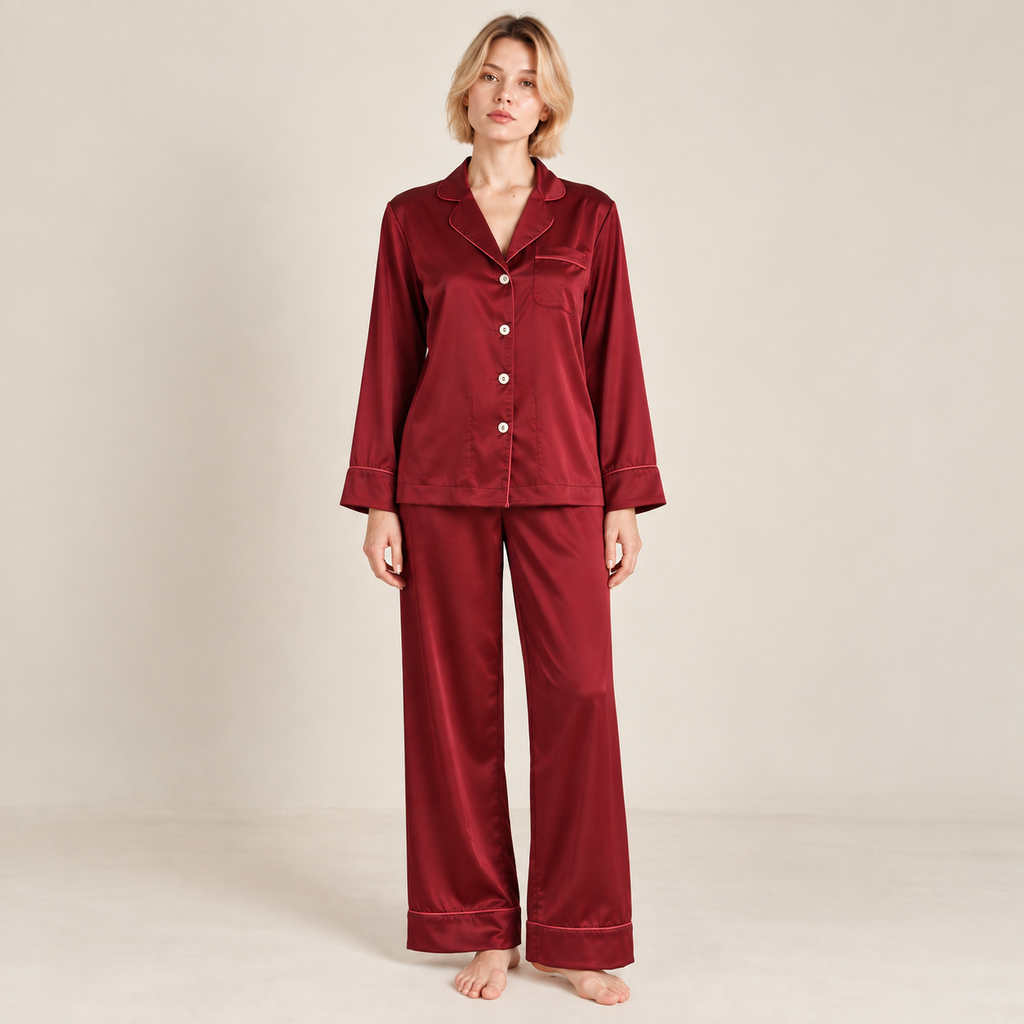 MIX PJ, Satin Pajama Set, Long Sleeve Button-Up Shirt