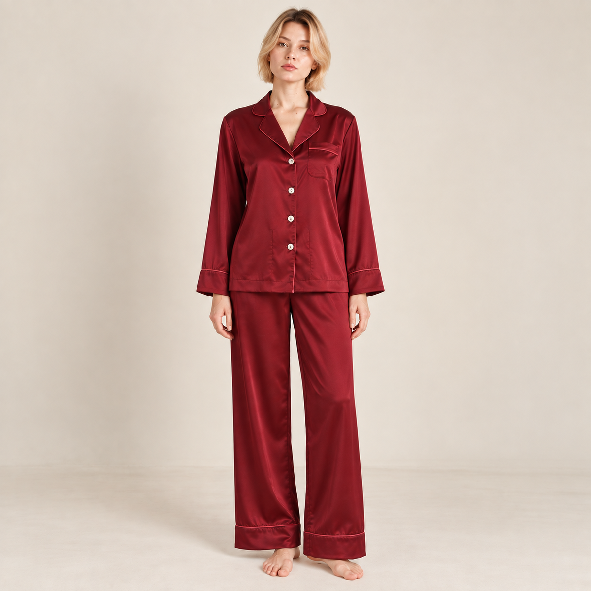 MIX PJ, Satin Pajama Set, Long Sleeve Button-Up Shirt
