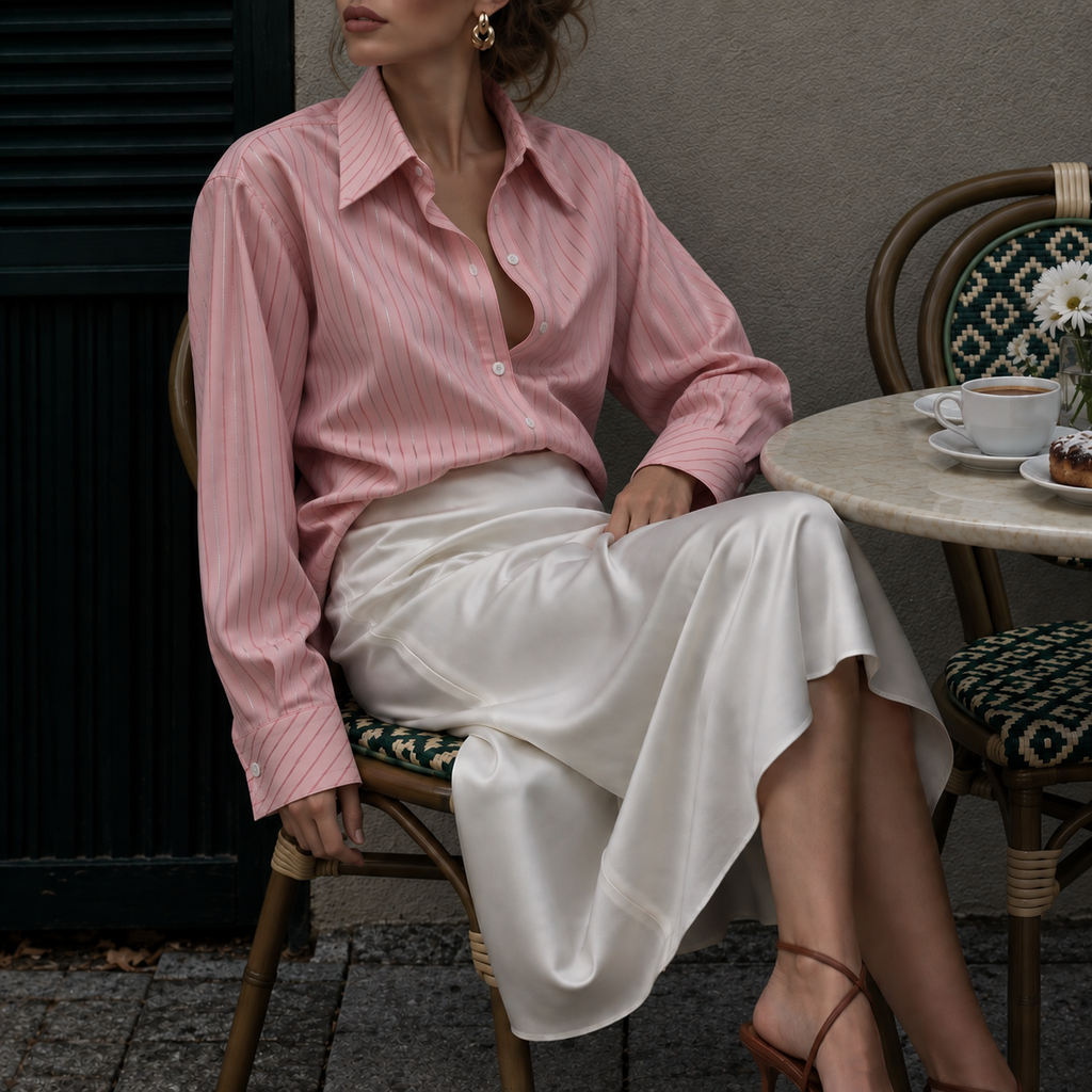Pink & Gold Sparkle Stripe Satin Blouse – Satin Skirt, Chloe Set