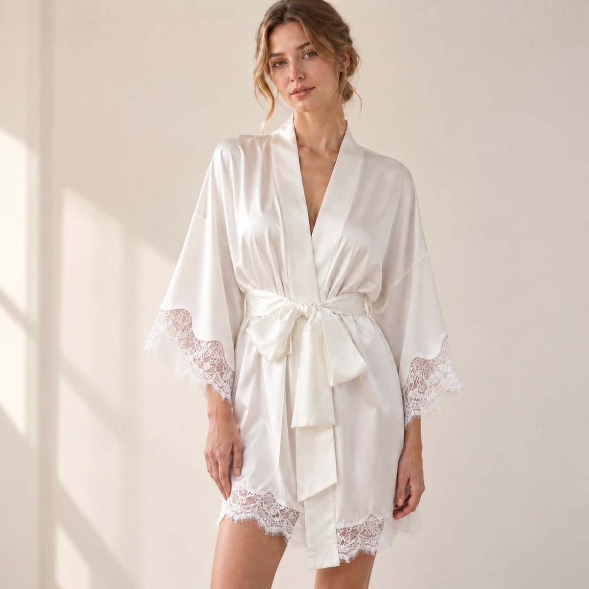 White Satin Robe Romantic Sleepwear Lace Kimono(custom color)