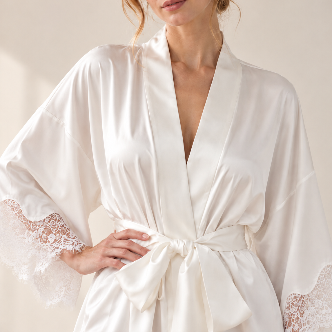 White Satin Robe Romantic Sleepwear Lace Kimono(custom color)
