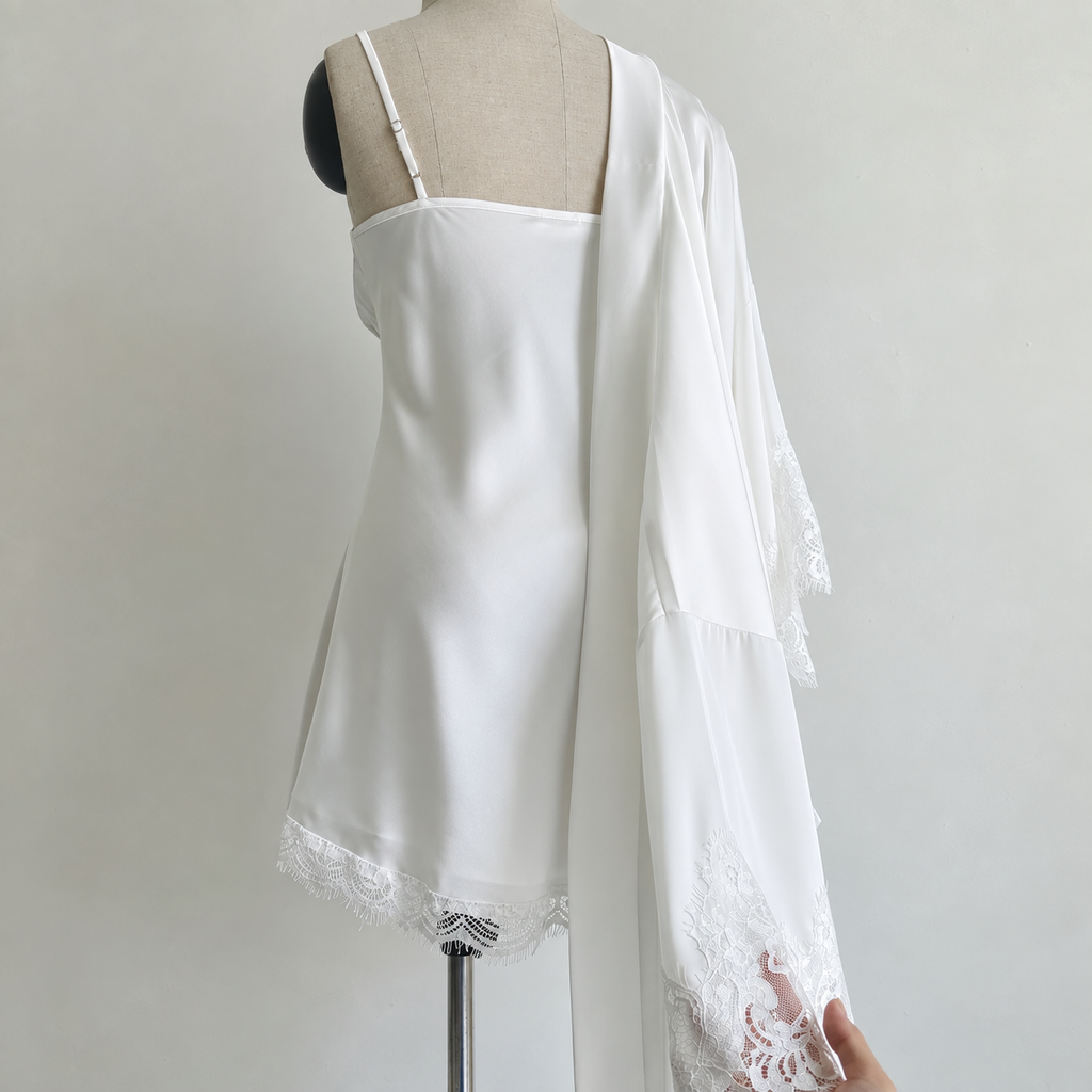 White Satin Slip Dress Lace Robe Set – Sleepwear & Holiday Gift For Her