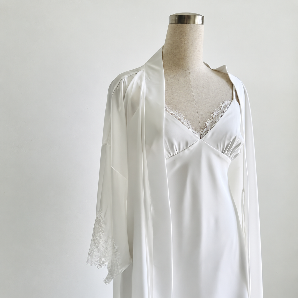Romantic Satin Lace Robe & Slip Dress Set – Feminine Loungewear & Date Night Dress - KEVI
