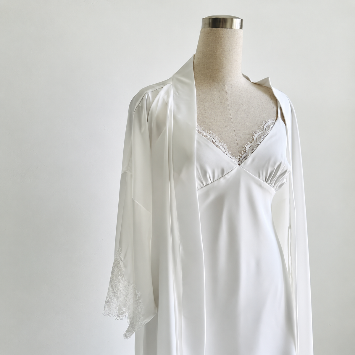 Romantic Satin Lace Robe & Slip Dress Set – Feminine Loungewear & Date Night Dress - KEVI