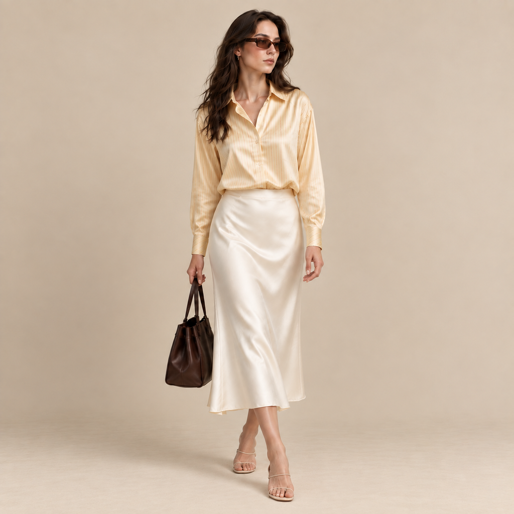 Pink & Gold Sparkle Stripe Satin Blouse – Satin Skirt, Chloe Set