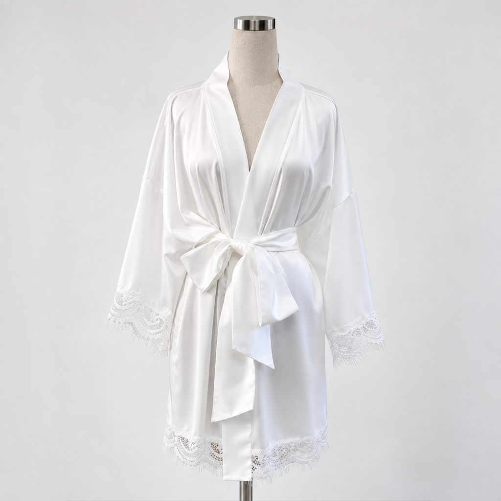 White Satin Slip Dress Lace Robe Set – Sleepwear & Holiday Gift For Her