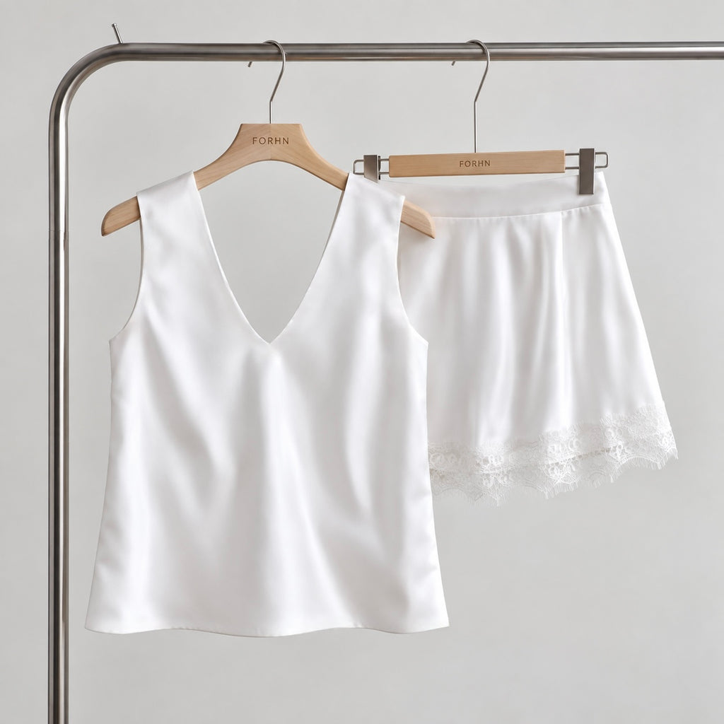 White Satin V-Neck Blouse - Lace Mini Skirt Separates- MiuSet